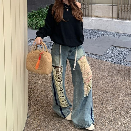 Drawstring Pullover Contrast Waist Off-Shoulder / Trim Plain