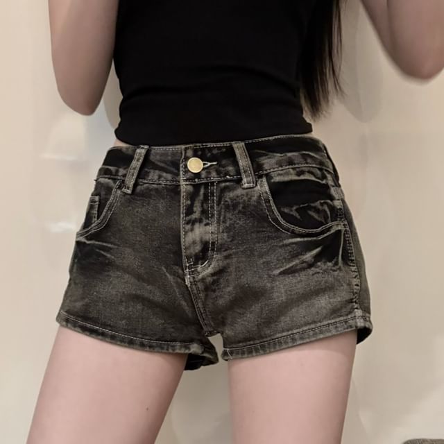Low Rise Washed Hot Pants Denim