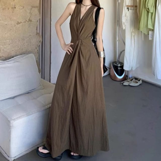 Sleeveless V-Neck Plain Twist Maxi A-Line Dress