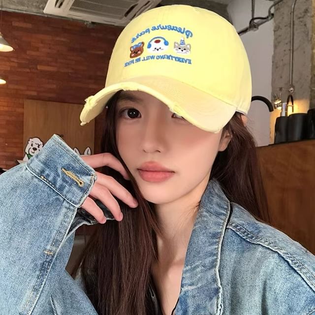 Cap Baseball Distressed Embroidered Cartoon