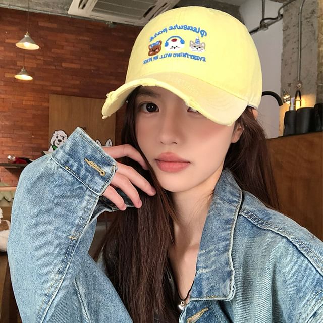 Cap Baseball Distressed Embroidered Cartoon