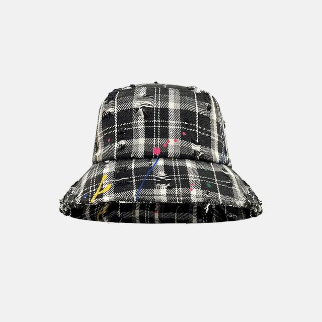 Bucket Hat Distressed Plaid