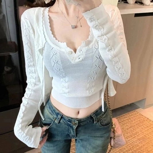 Sleeveless Plain Crop Cable + Neck Cardigan Scoop Top Knit Set: