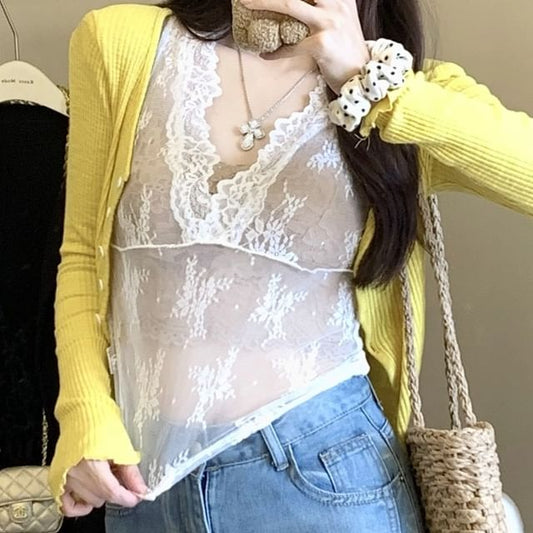 Cardigan Neck Trim Plain Camisole Scoop / V-Neck Lace Ruffle Top