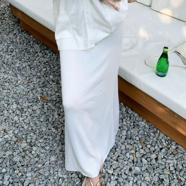 Skirt Mid A-Line V-Neck / Plain Maxi Long-Sleeve Blouse Waist