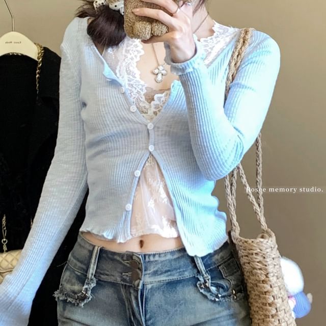 Cardigan Neck Trim Plain Camisole Scoop / V-Neck Lace Ruffle Top