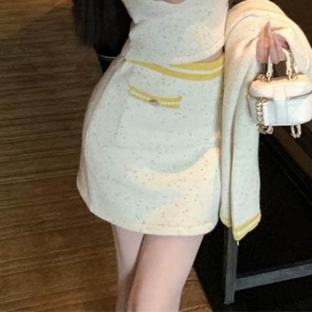 Pencil Contrast Skirt Cami Button Mini / Cardigan Neck Top Waist Scoop High Trim