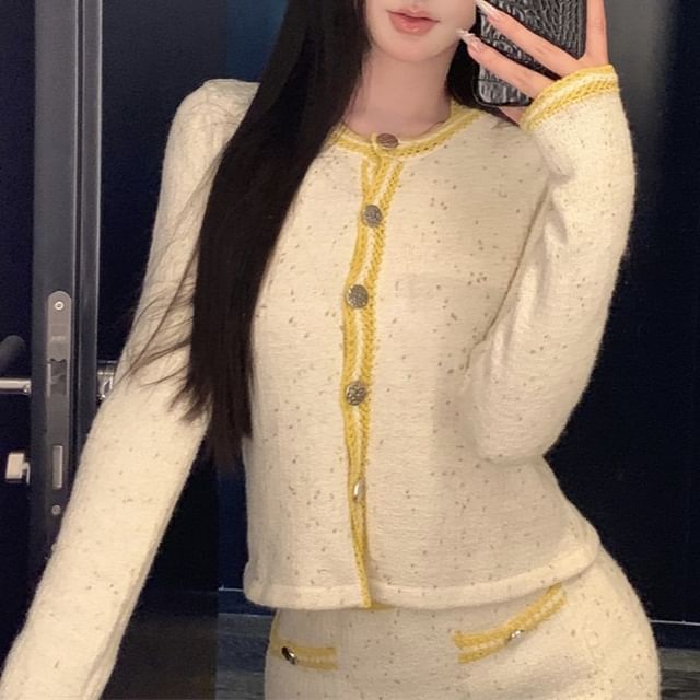 Pencil Contrast Skirt Cami Button Mini / Cardigan Neck Top Waist Scoop High Trim