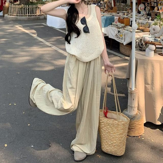 Wide Tank Plain Sleeveless / Leg Pants Scoop Waist Top High Knit Neck