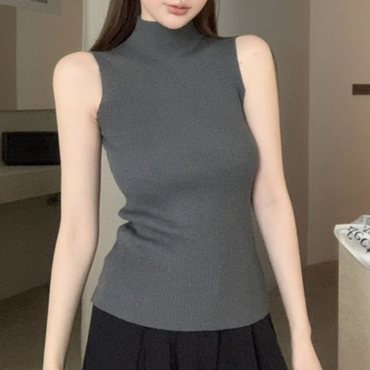 Crop Knit Neck Mock Plain Top Ribbed Sleeveless