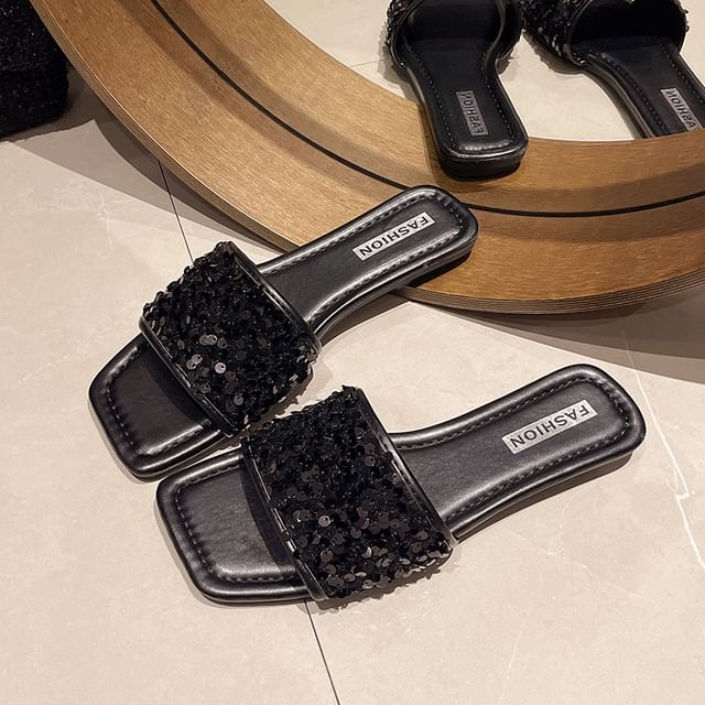 Sequined Flat Slide Sandals