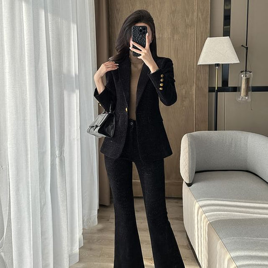 Lapel Collar Tweed Single Button Blazer / Mid Rise Plain Dress Pants / Set