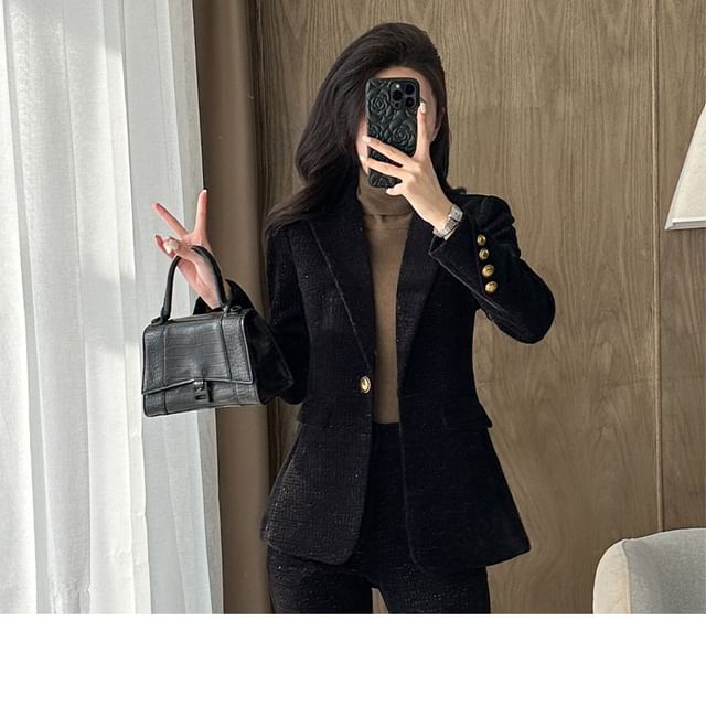 Lapel Collar Tweed Single Button Blazer / Mid Rise Plain Dress Pants / Set