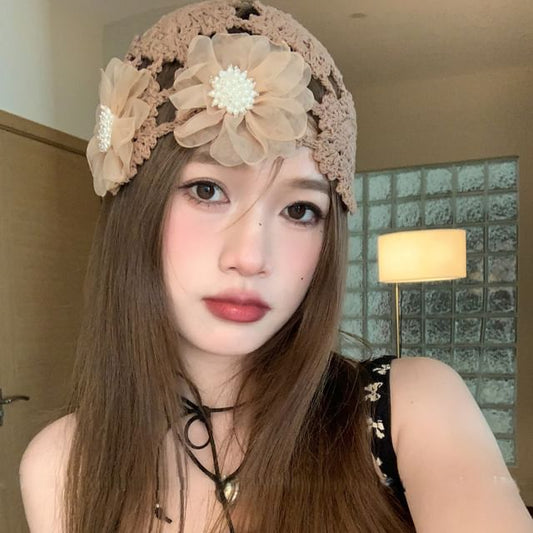 Knit Floral Bonnet Hat