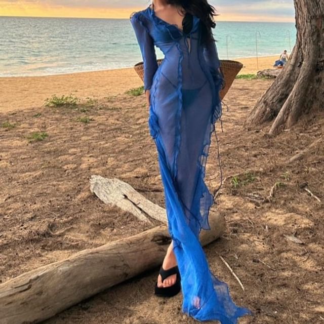 Long Sleeve V-Neck Ruffle Side Slit Sheer Maxi Sundress