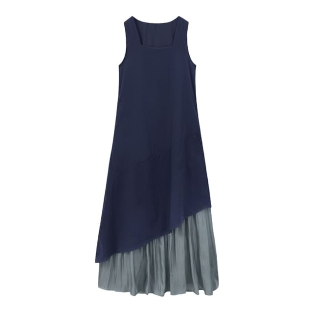 Sleeveless Square Neck Asymmetrical Plain Maxi A-Line Dress