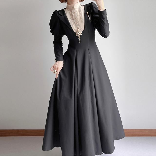 Long Sleeve Band Collar Two Tone Midi A-Line Dress Set