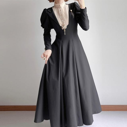 Long Sleeve Band Collar Two Tone Midi A-Line Dress Set