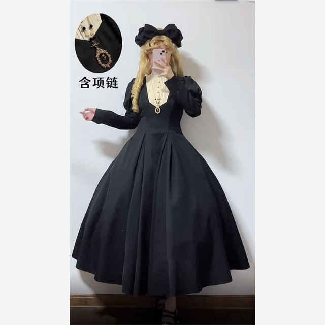 Long Sleeve Band Collar Two Tone Midi A-Line Dress Set