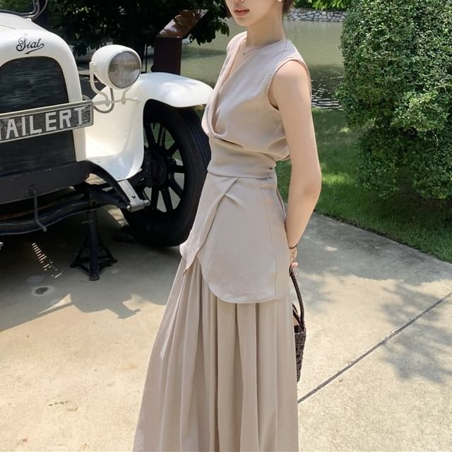 Set: + Skirt Top Plain A-Line V-Neck Waist Tank Elastic Maxi Asymmetrical