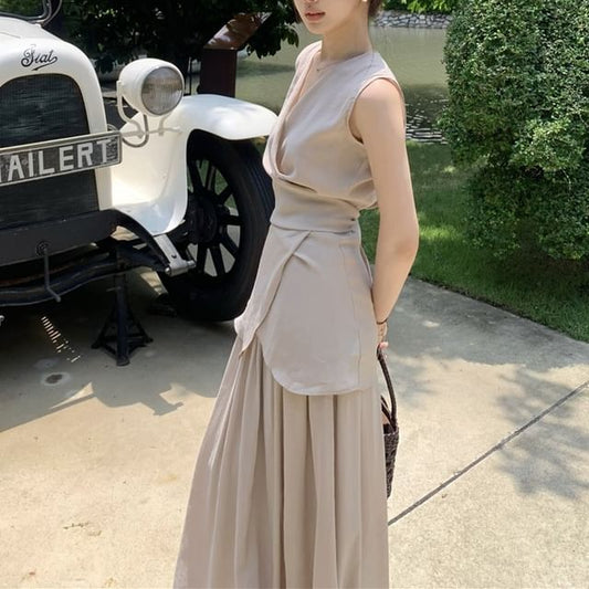Set: + Skirt Top Plain A-Line V-Neck Waist Tank Elastic Maxi Asymmetrical