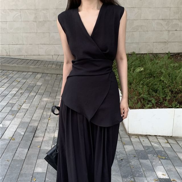 Set: + Skirt Top Plain A-Line V-Neck Waist Tank Elastic Maxi Asymmetrical