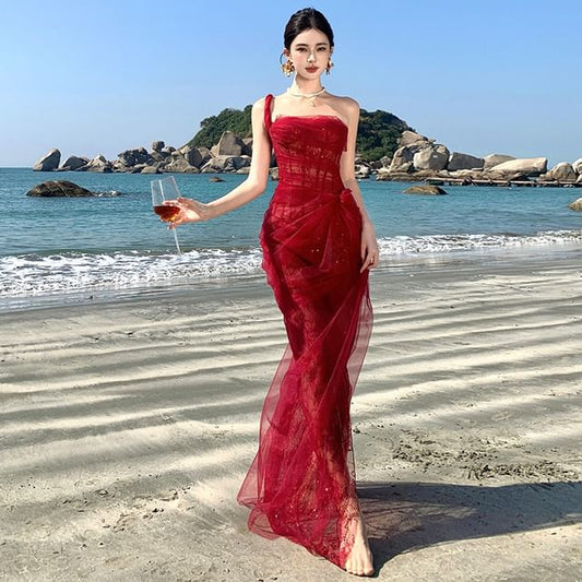 Strapless Mesh Maxi Sheath Dress