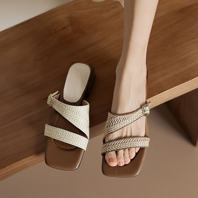 Low Heel Square Toe Woven Strap Sandals