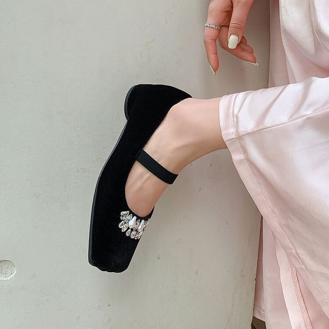 Square Heel Rhinestone Toe Pumps Velvet Low
