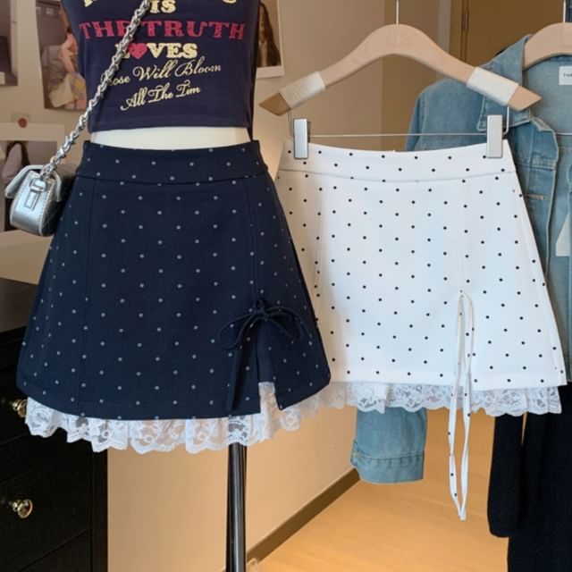 Accent High Bow Waist Mini Panel Skirt Lace A-Line