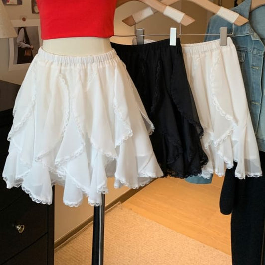 A-Line Lace Mini Waist Plain Ruffle Trim High Skirt