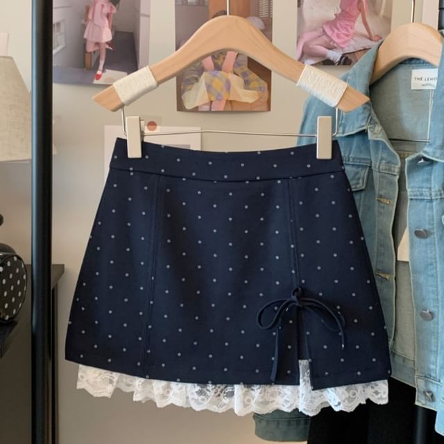 Accent High Bow Waist Mini Panel Skirt Lace A-Line