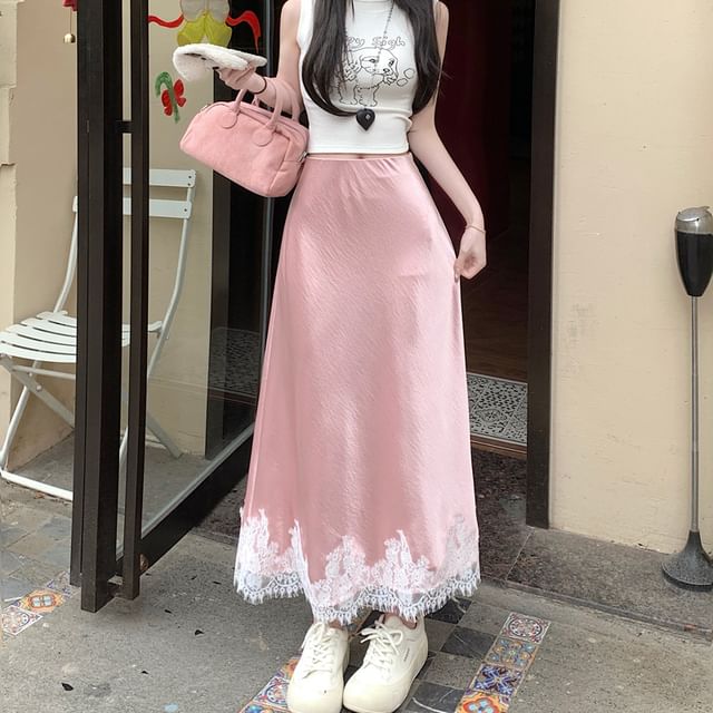 A-Line High Panel Skirt Satin Midi Lace Rise