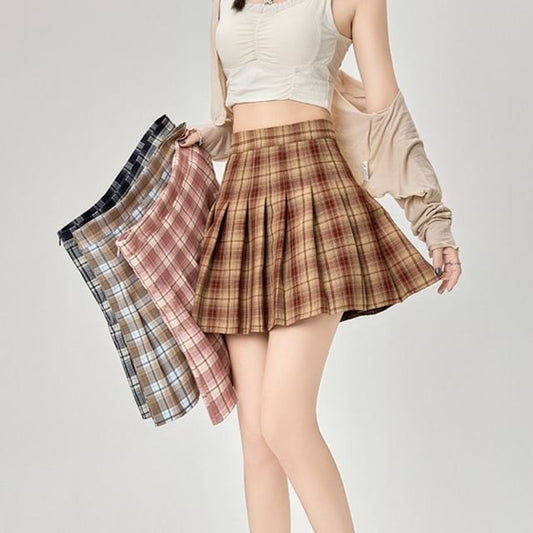 Mini Plaid High Rise A-Line Pleated Skirt