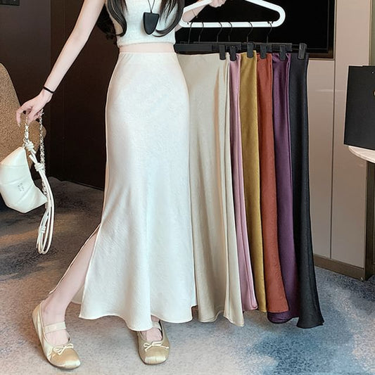 Satin Maxi Slit Fishtail Plain Skirt Rise High