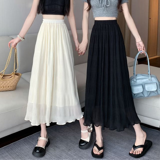 Plain Skirt A-Line Midi Waist Crinkle High