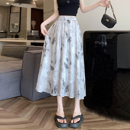 Midi Butterfly A-Line Print Skirt Rise High
