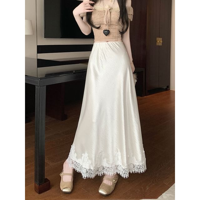 A-Line High Panel Skirt Satin Midi Lace Rise