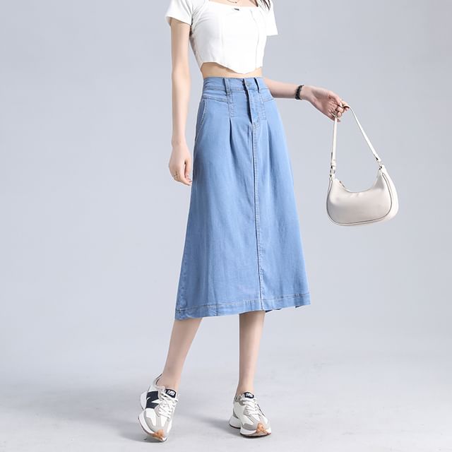 Denim Skirt High Waist Midi A-Line