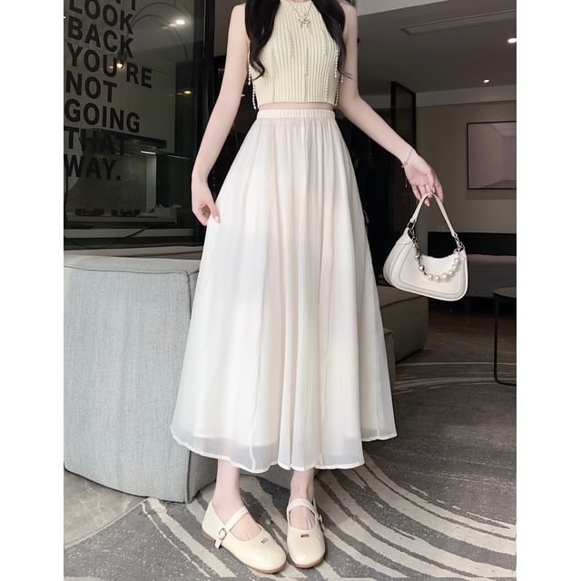 Mesh Rise Skirt A-Line Midi Plain High