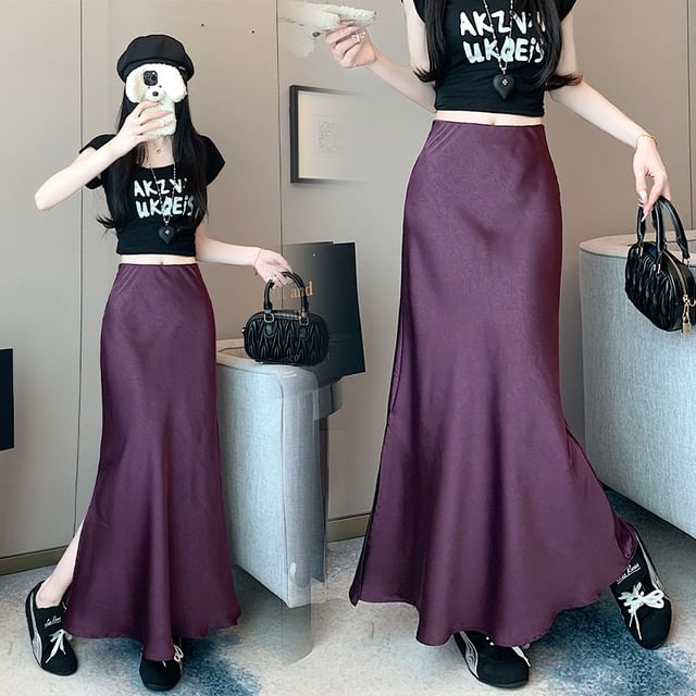 Satin Maxi Slit Fishtail Plain Skirt Rise High
