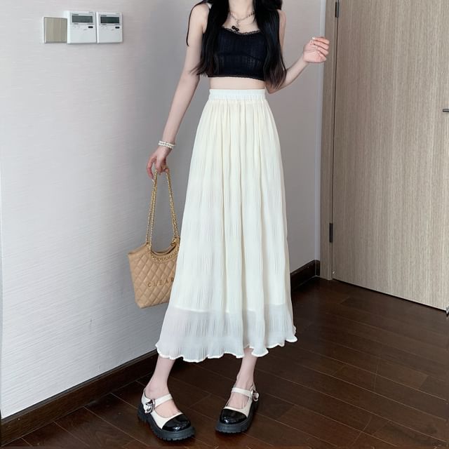 Plain Skirt A-Line Midi Waist Crinkle High