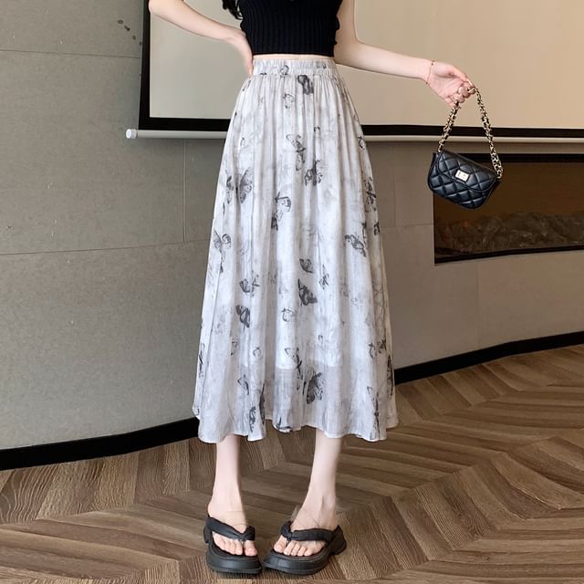 Midi Butterfly A-Line Print Skirt Rise High
