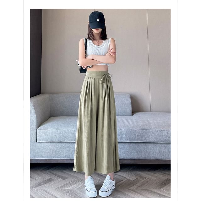 Plain Cropped Pleated Waist Culottes High