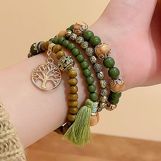 / Designs) Faux Tassel Wooden Set Gemstone Bead Bracelet (Various