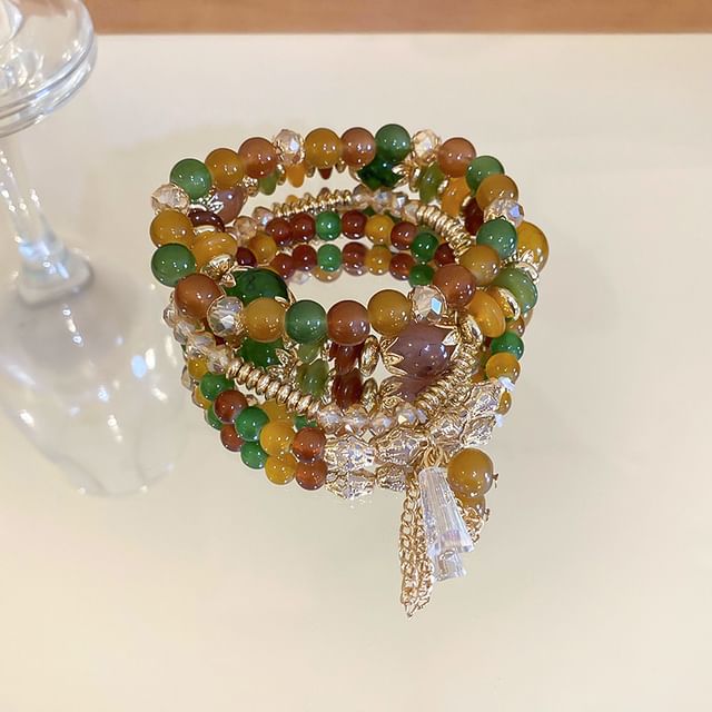 / Designs) Faux Tassel Wooden Set Gemstone Bead Bracelet (Various