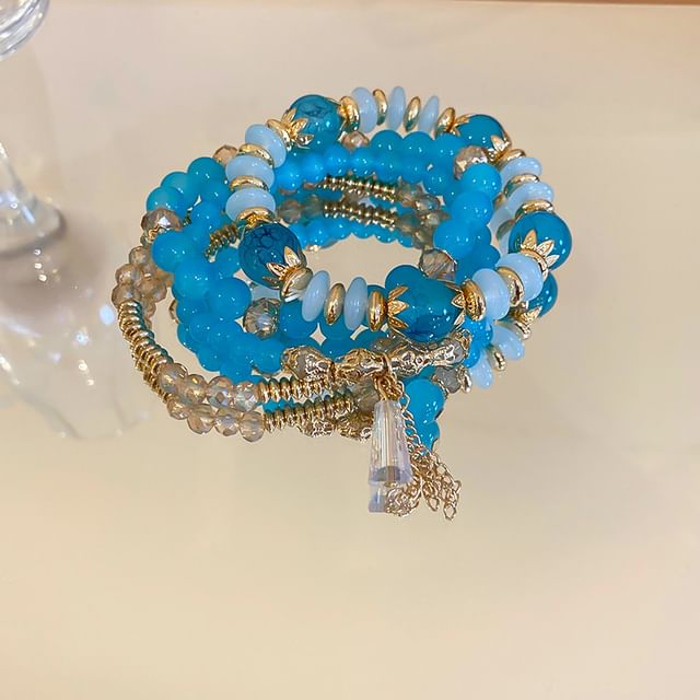 / Designs) Faux Tassel Wooden Set Gemstone Bead Bracelet (Various