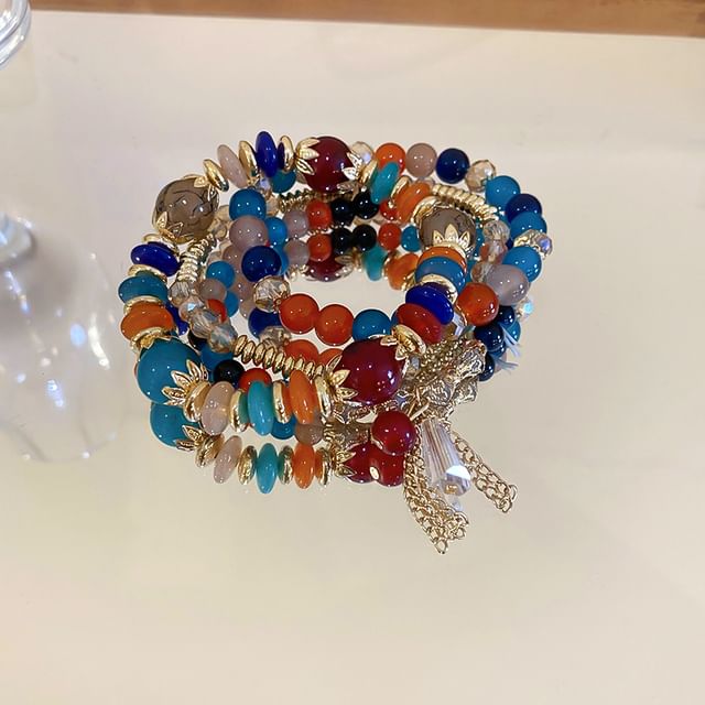 / Designs) Faux Tassel Wooden Set Gemstone Bead Bracelet (Various