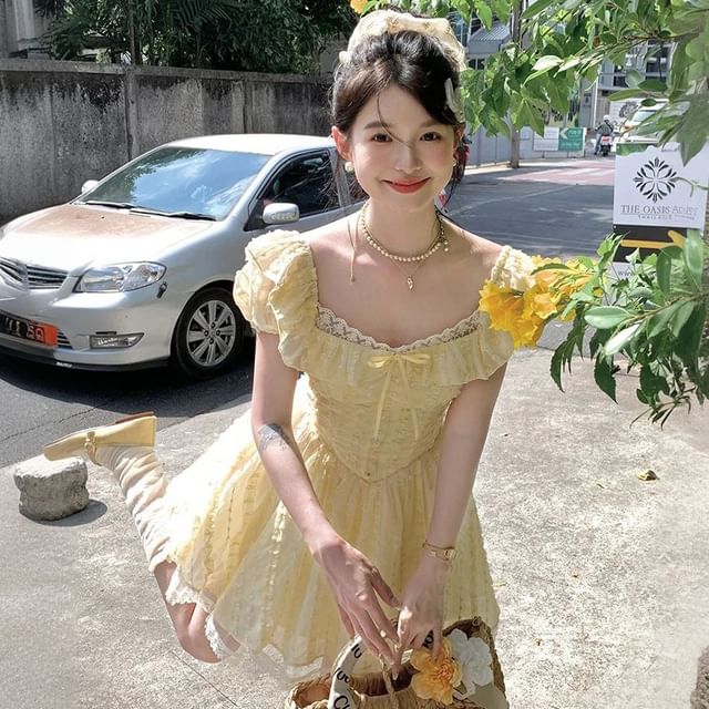 A-Line Mini Dress Sleeve Bow Lace Panel Neck Ruffle Square Short