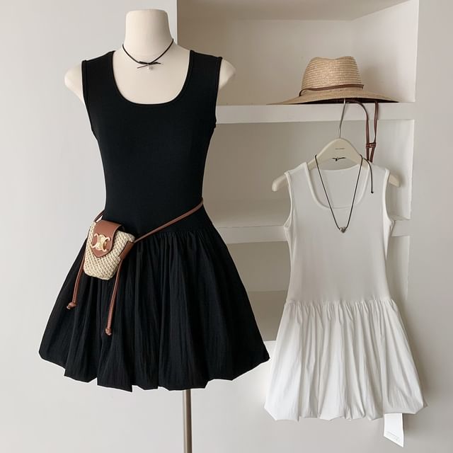 Dress Neck Mini Plain Scoop Ribbed Sleeveless A-Line